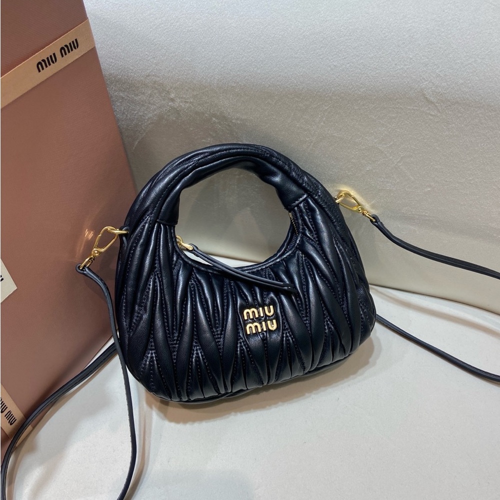 Miu Miu Black Matelassé Quilted Top-Handle Shoulder Bag with Gold Hardware